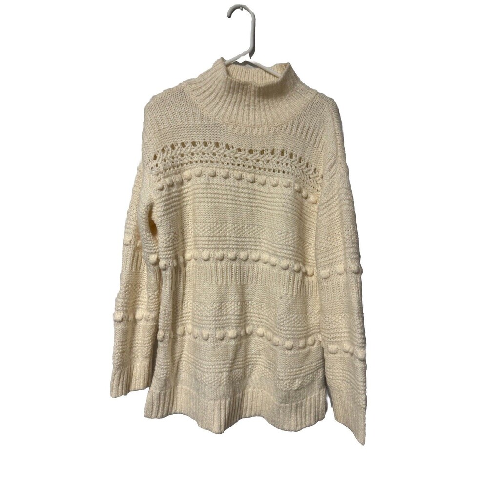Lou & Grey Med Beige Chunky Knit Pom Pom Accents Long Sleeve High Neck Sweater